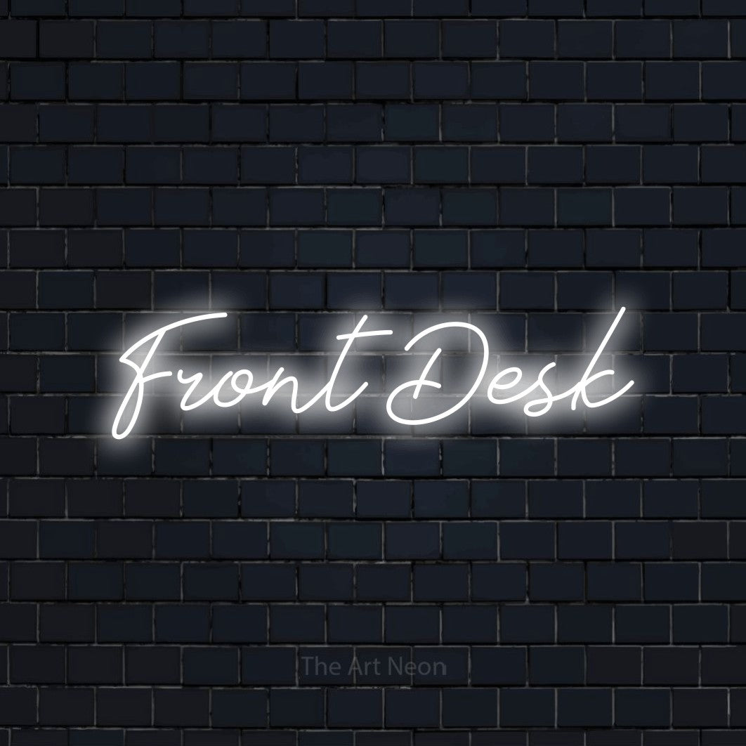 Cool white script-style LED neon sign reading "Front Desk" against a dark navy brick wall for hotel décor