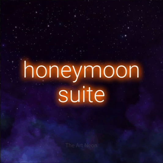 Orange LED neon sign reading "Honeymoon Suite" against a purple galaxy background for hotel décor