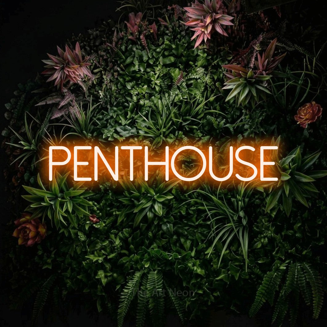 Orange LED neon sign reading "Penthouse" against a flowering garden wall for hotel décor