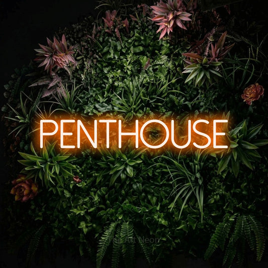 Orange LED neon sign reading "Penthouse" against a flowering garden wall for hotel décor