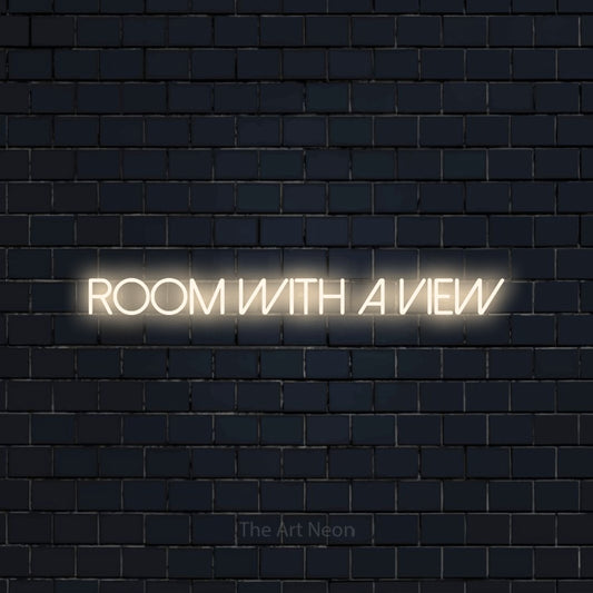 Warm white LED neon sign reading "Room with a View" against a dark navy brick wall for hotel décor