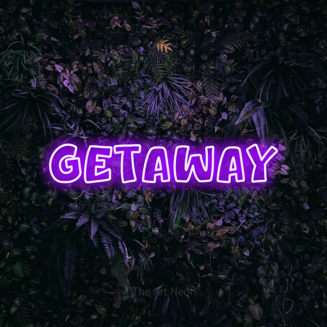 Purple outline-style LED neon sign reading "Getaway" against a purple floral wall for hotel décor