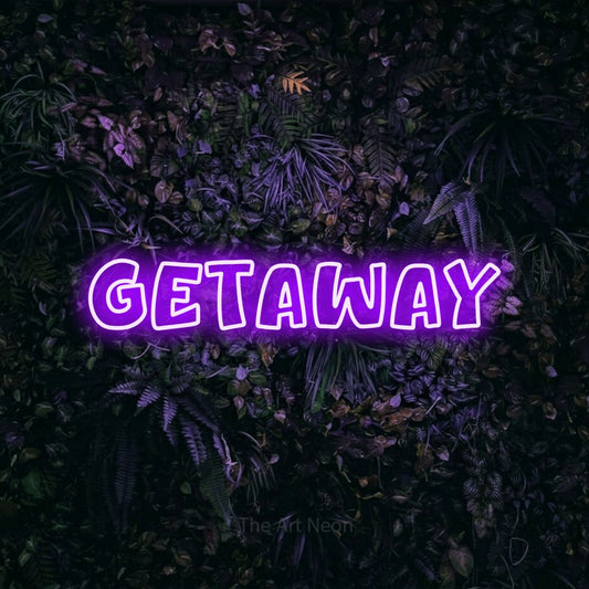 Purple outline-style LED neon sign reading "Getaway" against a purple floral wall for hotel décor
