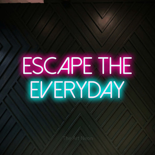 Ice blue and hot pink LED neon sign reading "Escape the Everyday" against a dark geometric wood wall for hotel décor