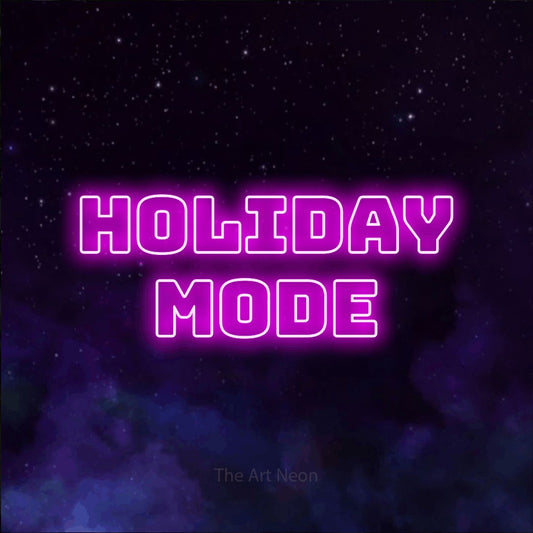 Pink outline-style LED neon sign reading "Holiday Mode" against a purple galaxy background for hotel décor