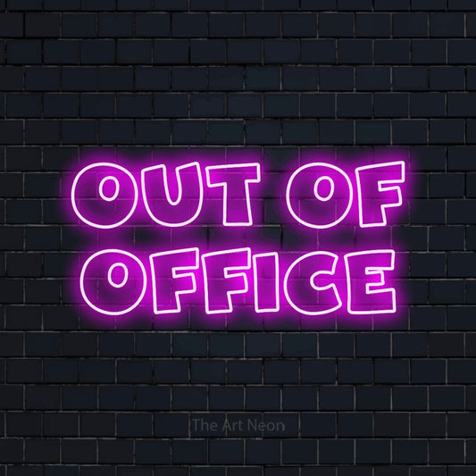 Pink outline-style LED neon sign reading "Out of Office" against a dark navy brick wall for hotel décor