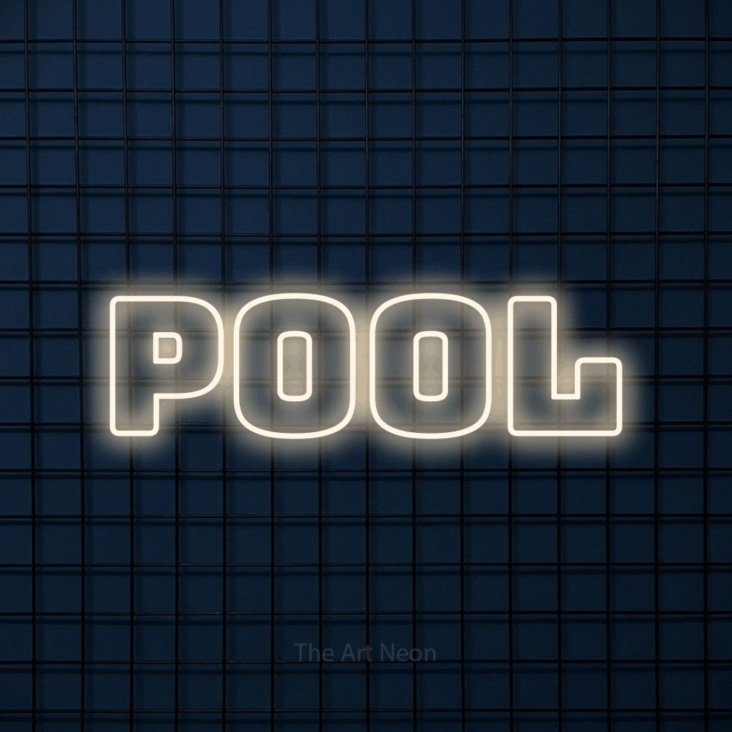 Warm white outline-style LED neon sign reading "Pool" against a dark blue tiled wall for hotel décor