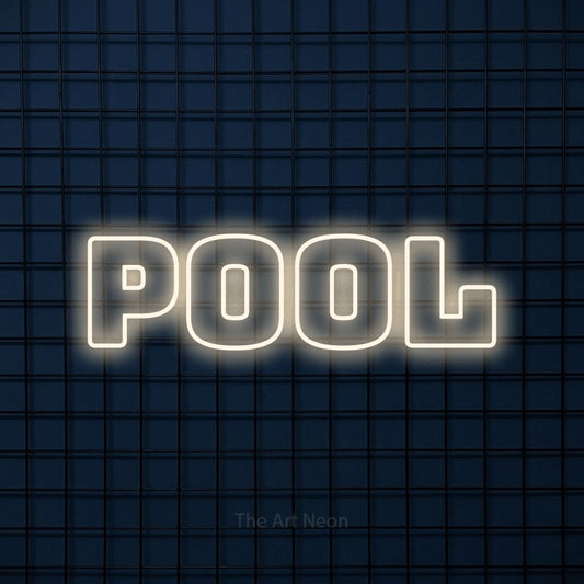 Warm white outline-style LED neon sign reading "Pool" against a dark blue tiled wall for hotel décor