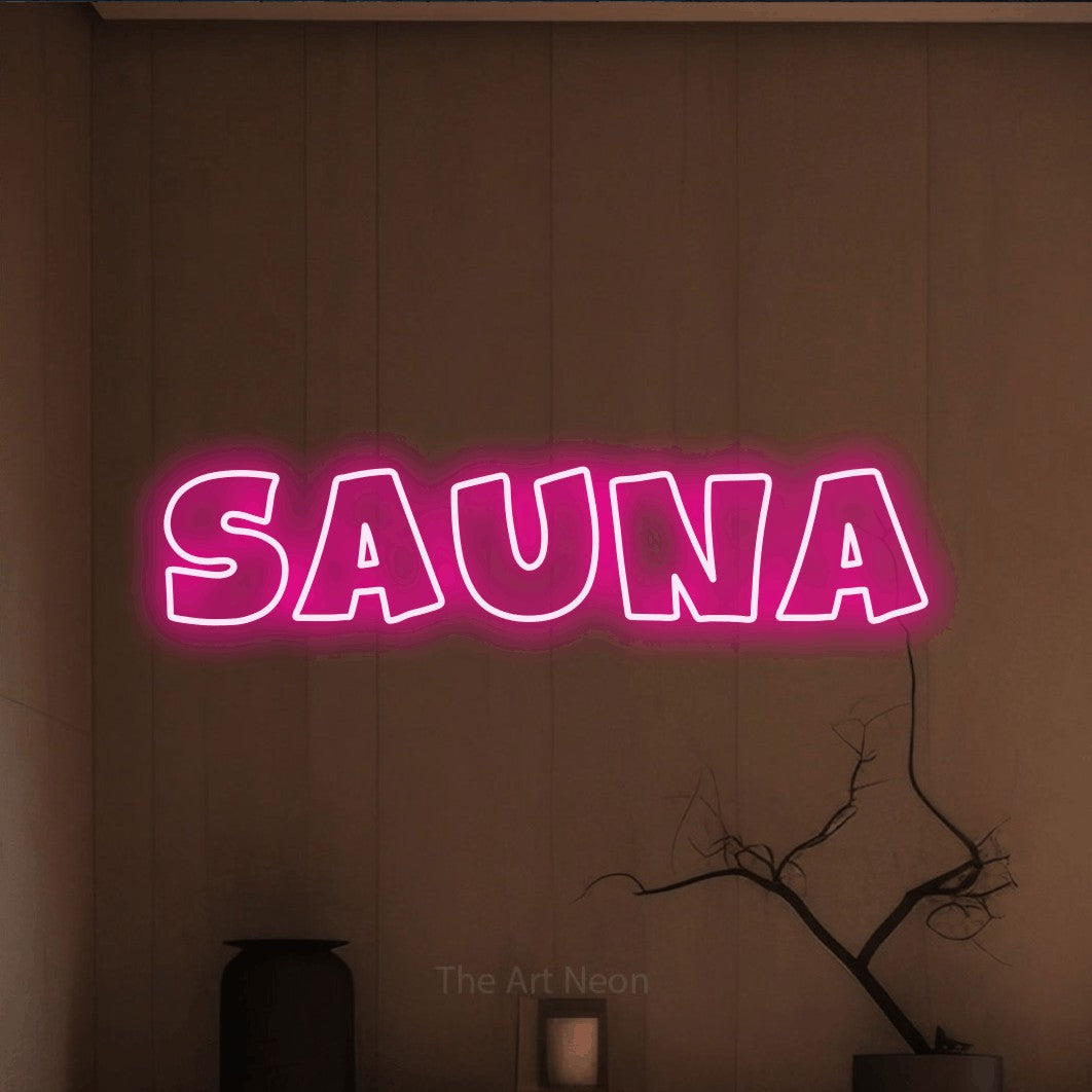 Enseigne néon à DEL à lumière rose vif, de style contour, affichant « Sauna » sur un mur brun chaleureux, pour décorer un hôtel