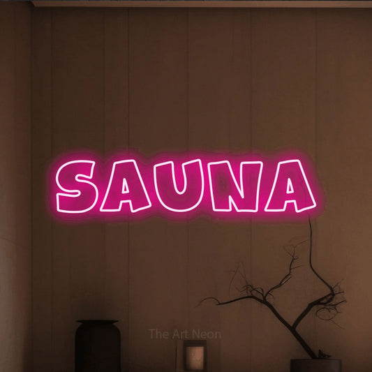 Hot pink outline-style LED neon sign reading "Sauna" against a warm brown wall for hotel décor