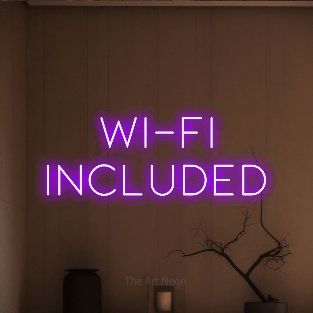 Purple LED neon sign reading "Wi-Fi Included" against a warm brown wall for hotel décor