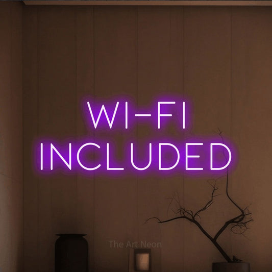 Purple LED neon sign reading "Wi-Fi Included" against a warm brown wall for hotel décor