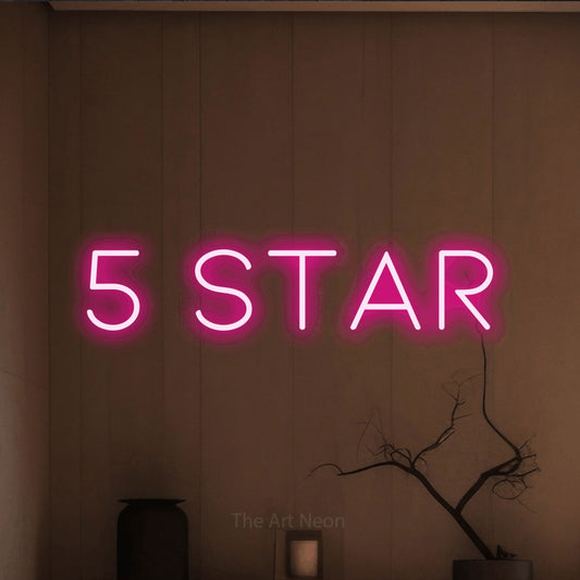 Hot pink LED neon sign reading "5 Star" against a warm brown wall for hotel décor