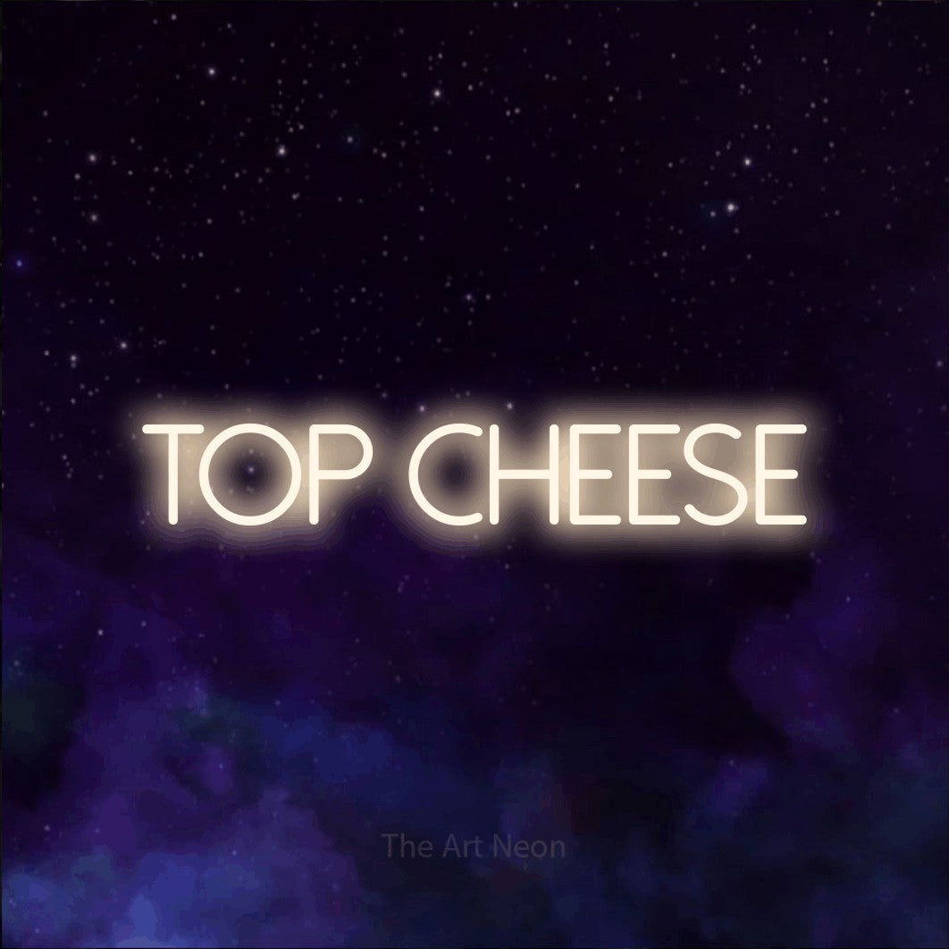 Warm white LED neon sign reading "Top Cheese" against a purple galaxy background