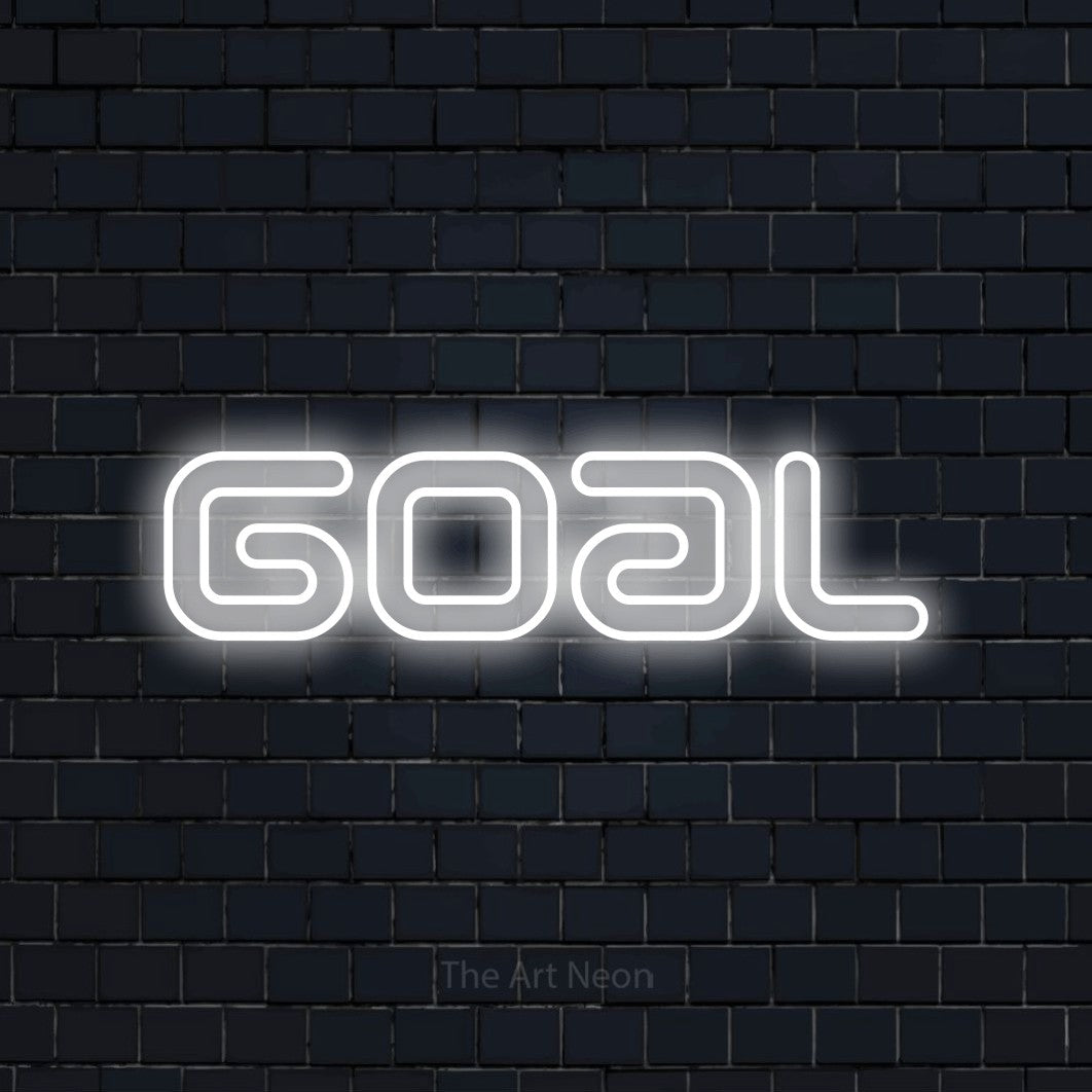 Cool white outline-style LED neon sign reading "Goal" against a dark navy brick wall