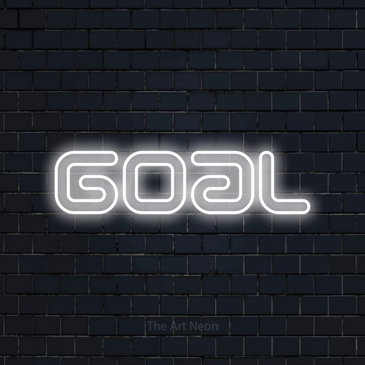 Cool white outline-style LED neon sign reading "Goal" against a dark navy brick wall