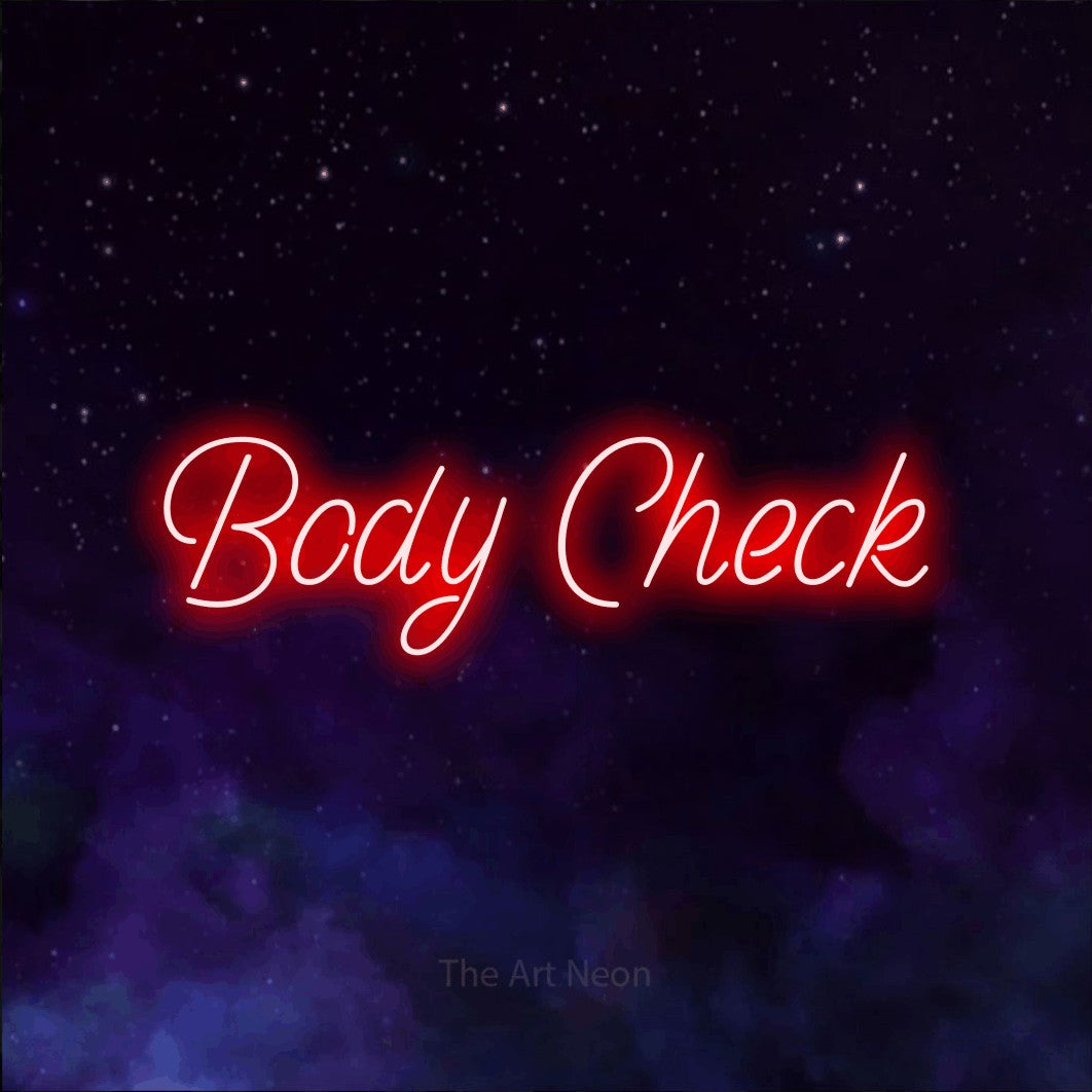 Red LED neon sign reading "Body Check" against a purple galaxy background