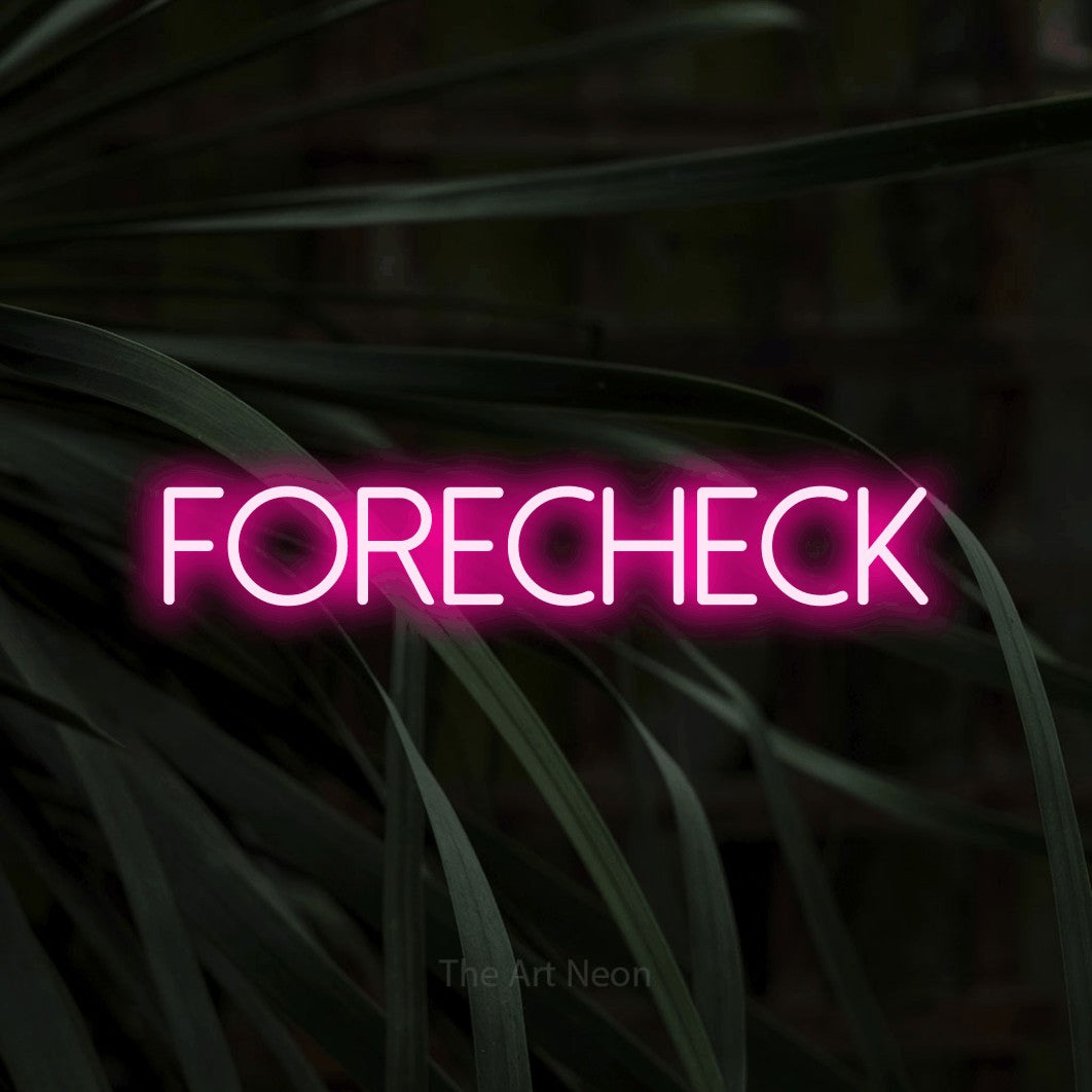 Hot pink LED neon sign reading "Forecheck" against dark tropical leaves