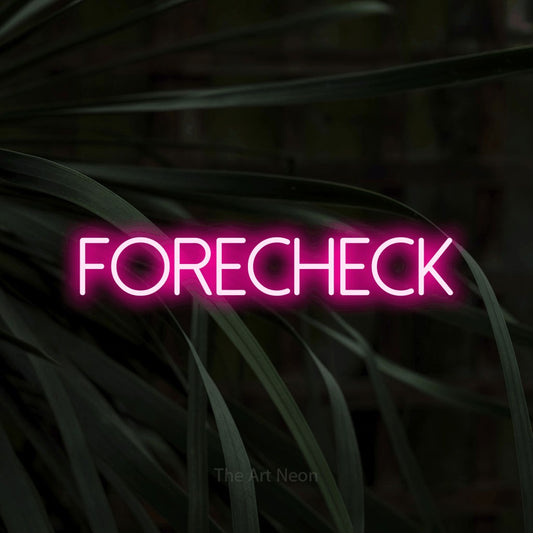 Hot pink LED neon sign reading "Forecheck" against dark tropical leaves