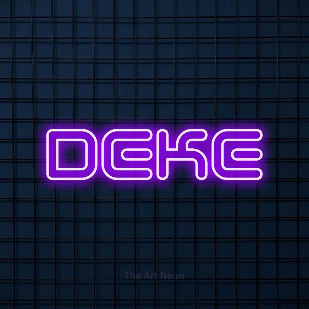 Purple outline-style LED neon sign reading "Deke" against a dark blue tiled wall