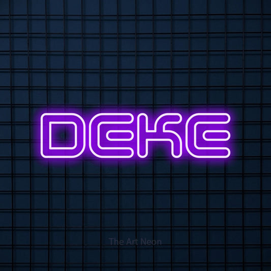 Purple outline-style LED neon sign reading "Deke" against a dark blue tiled wall