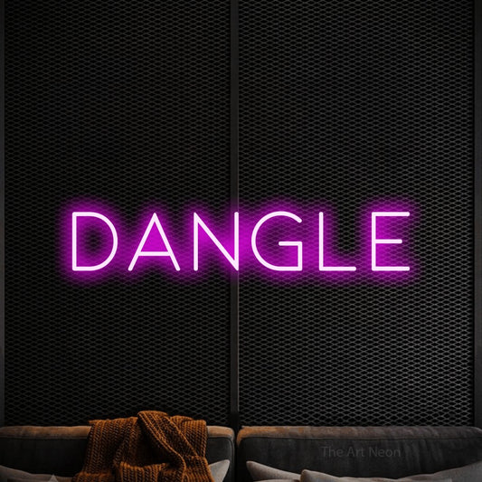 Pink LED neon sign reading "Dangle" against a black textured wall
