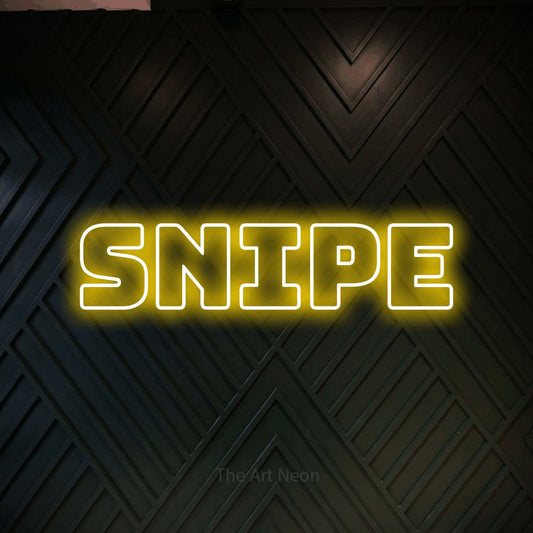 Yellow outline-style LED neon sign reading "Snipe" against a dark geometric wood wall