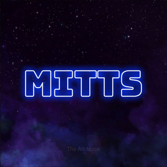 Blue outline-style LED neon sign reading "Mitts" against a purple galaxy background