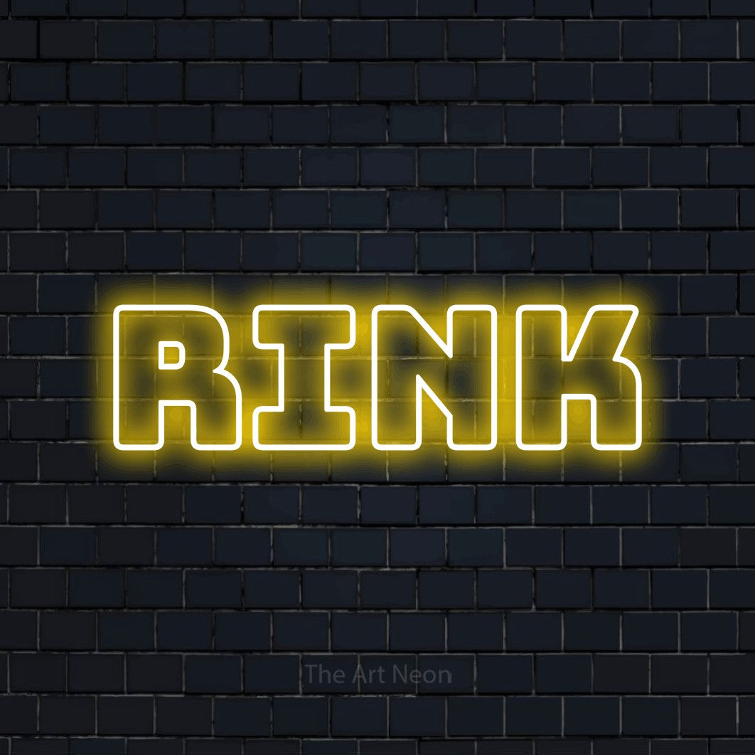 Yellow outline-style LED neon sign reading "Rink" against a dark navy brick wall