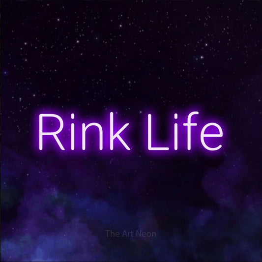 Purple LED neon sign reading "Rink Life" against a purple galaxy background