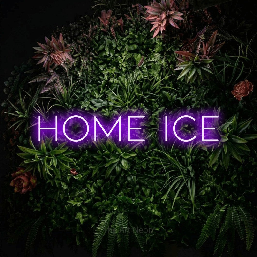 Purple LED neon sign reading "Home Ice" against a flowering garden wall