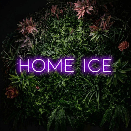 Purple LED neon sign reading "Home Ice" against a flowering garden wall