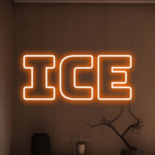 Orange outline-style LED neon sign reading "Ice" against a warm brown wall