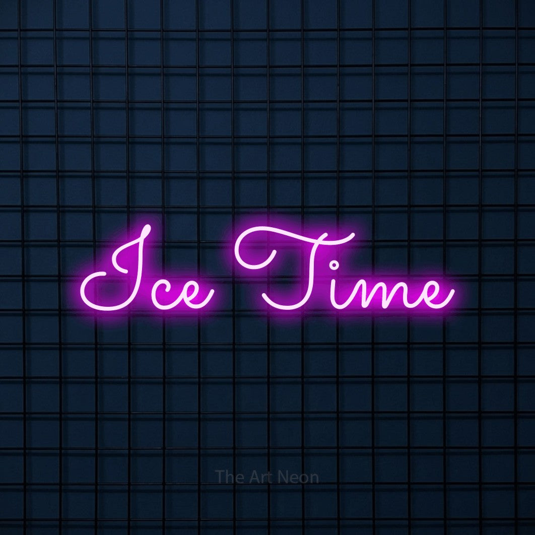 Pink LED neon sign reading "Ice Time" against a dark blue tiled wall