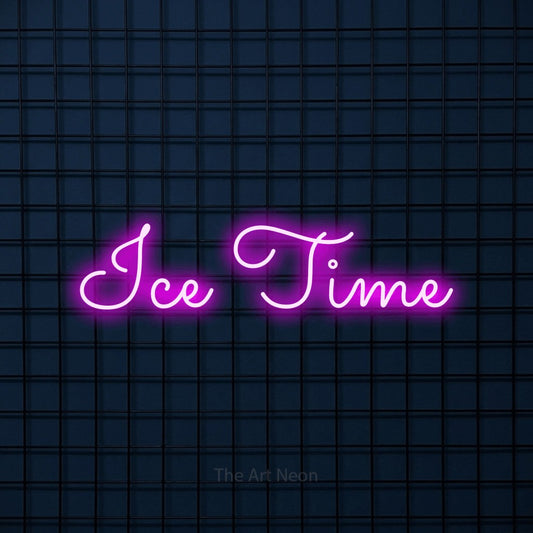 Pink LED neon sign reading "Ice Time" against a dark blue tiled wall