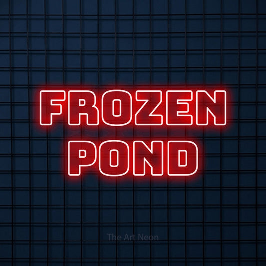 Red outline-style LED neon sign reading "Frozen Pond" against a dark blue tiled wall