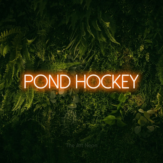 Orange LED neon sign reading "Pond Hockey" against a moss-covered green wall