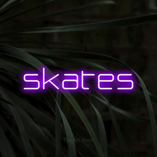 Purple LED neon sign reading "Skates" against dark tropical leaves