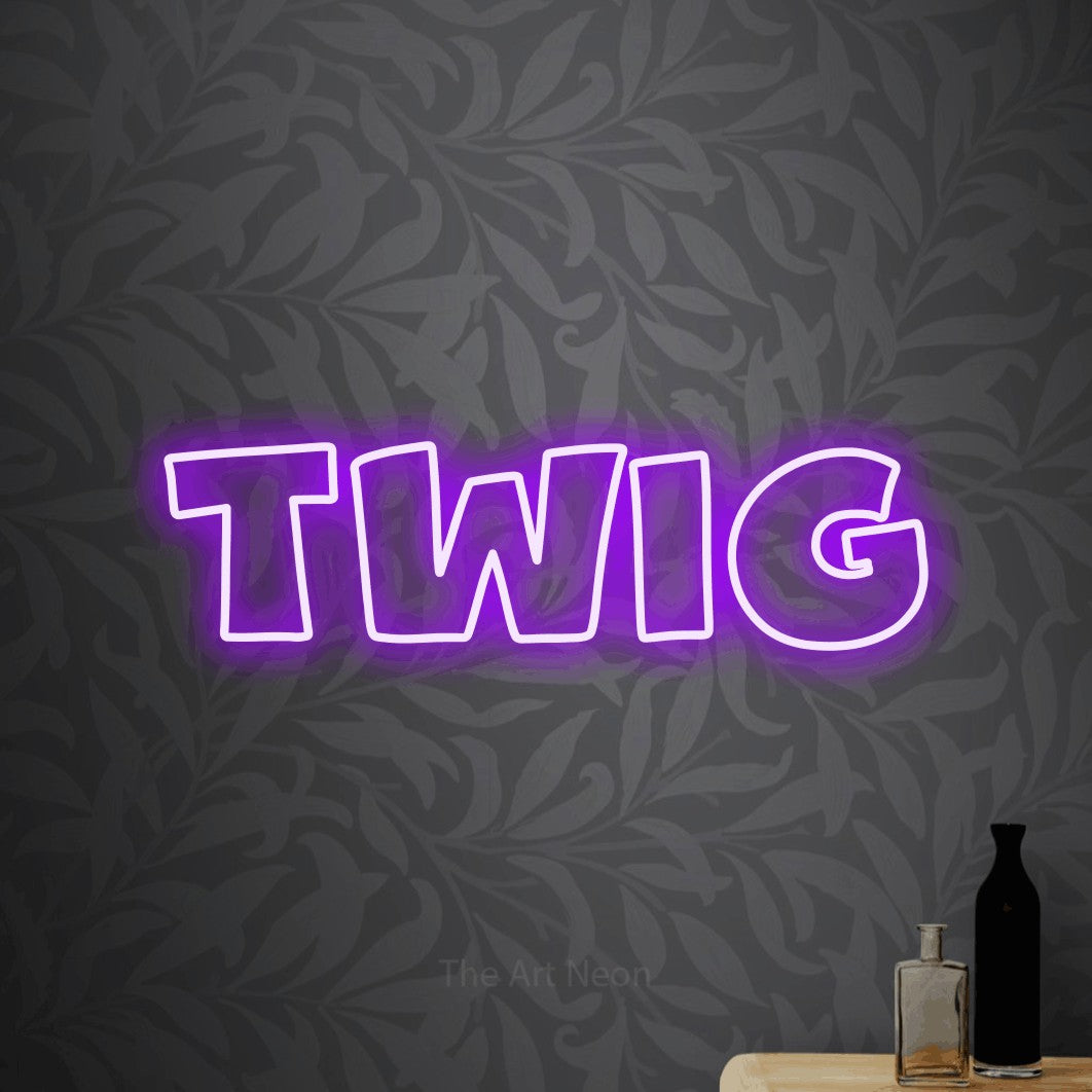 Purple outline-style LED neon sign reading "Twig" against light grey floral wallpaper