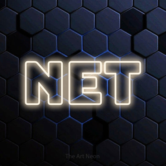 Enseigne néon à DEL à lumière blanche chaude, de style contour, affichant « Net » sur un mur hexagonal bleu
