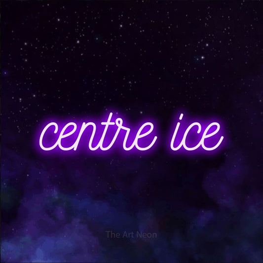 Enseigne néon à DEL à lumière violette, de style manuscrit, affichant « Centre Ice » sur un arrière-plan de galaxie violette