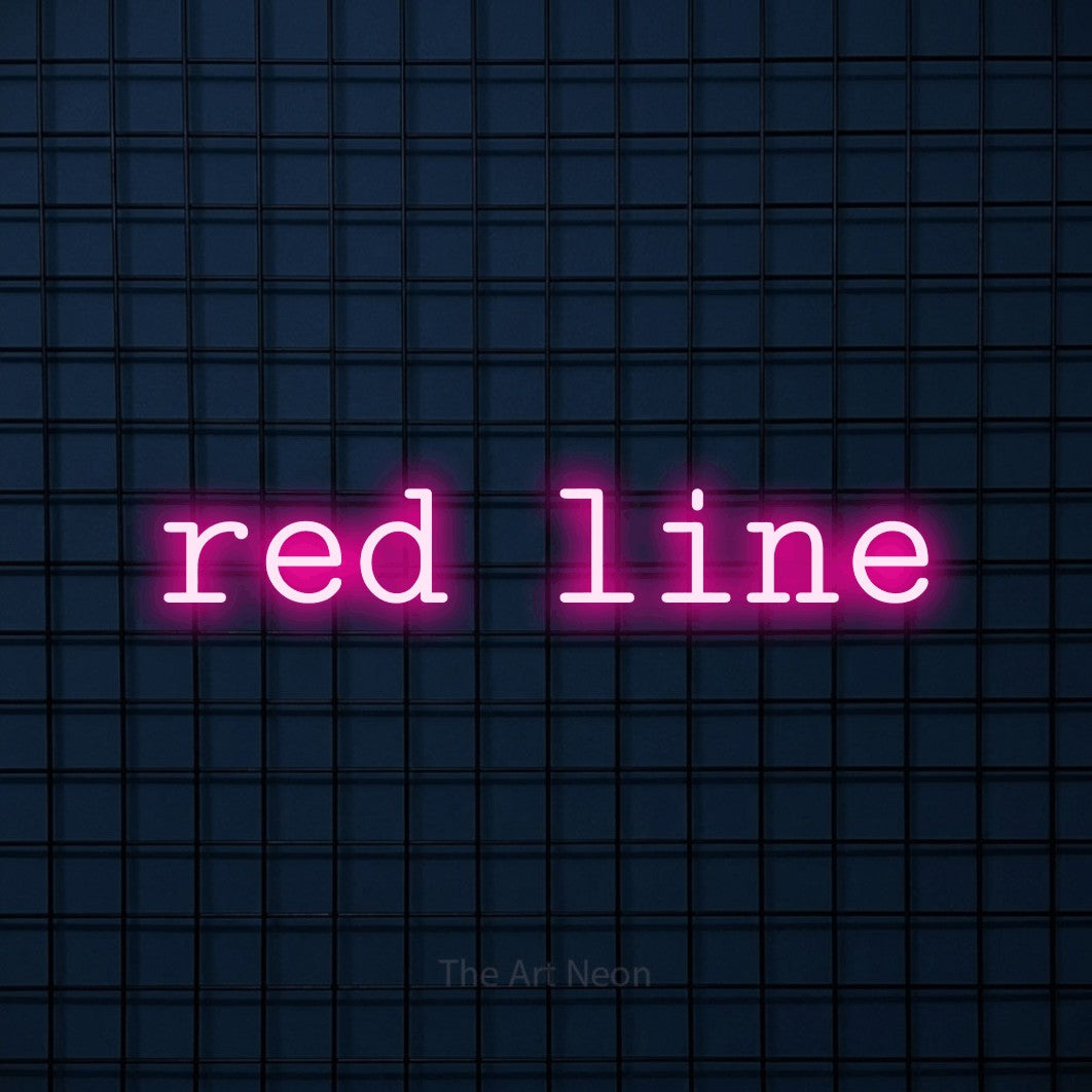 Hot pink LED neon sign reading "Red Line" against a dark blue tiled wall