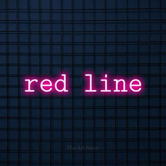 Enseigne néon à DEL à lumière rose vif, affichant « Red Line » sur un mur carrelé bleu foncé