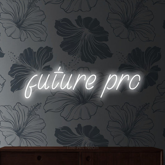 Cool white LED neon sign reading "Future Pro" against grey floral wallpaper