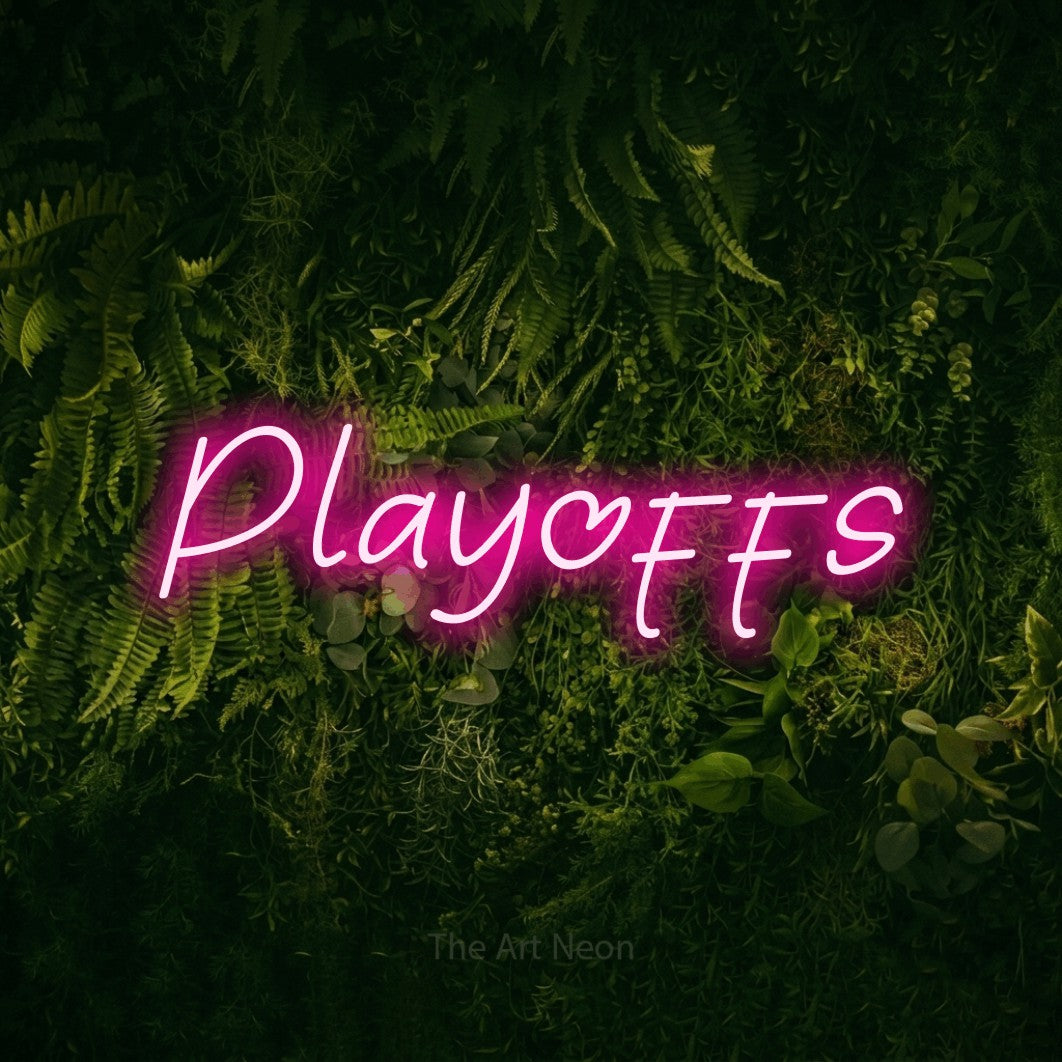 Hot pink LED neon sign reading "Playoffs" against a moss-covered green wall
