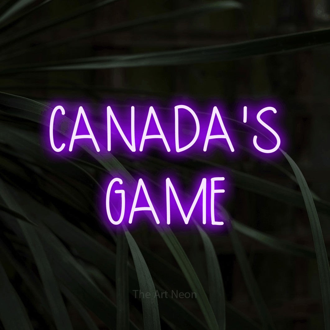 Purple LED neon sign reading "Canada's Game" against dark tropical leaves