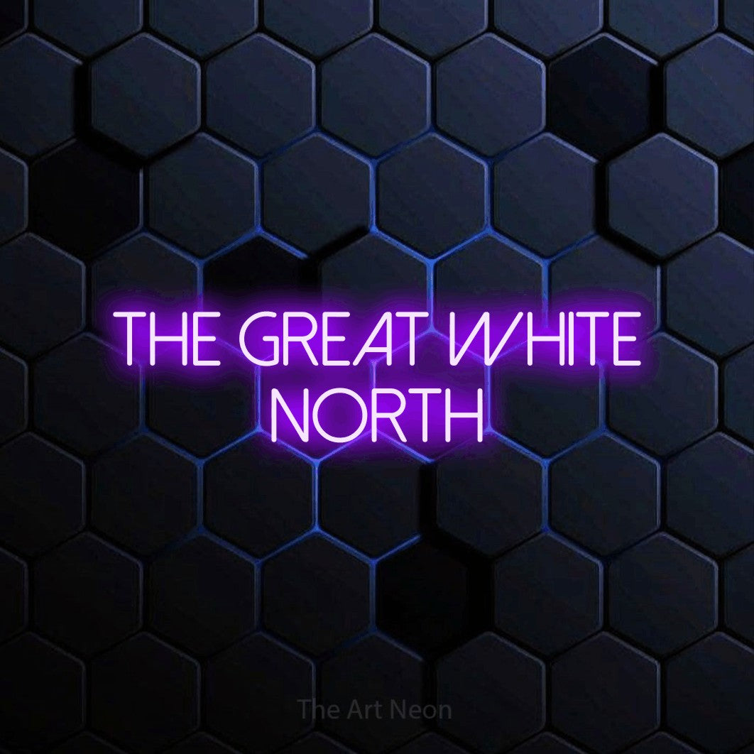 Purple LED neon sign reading "The Great White North" against a blue hexagonal wall