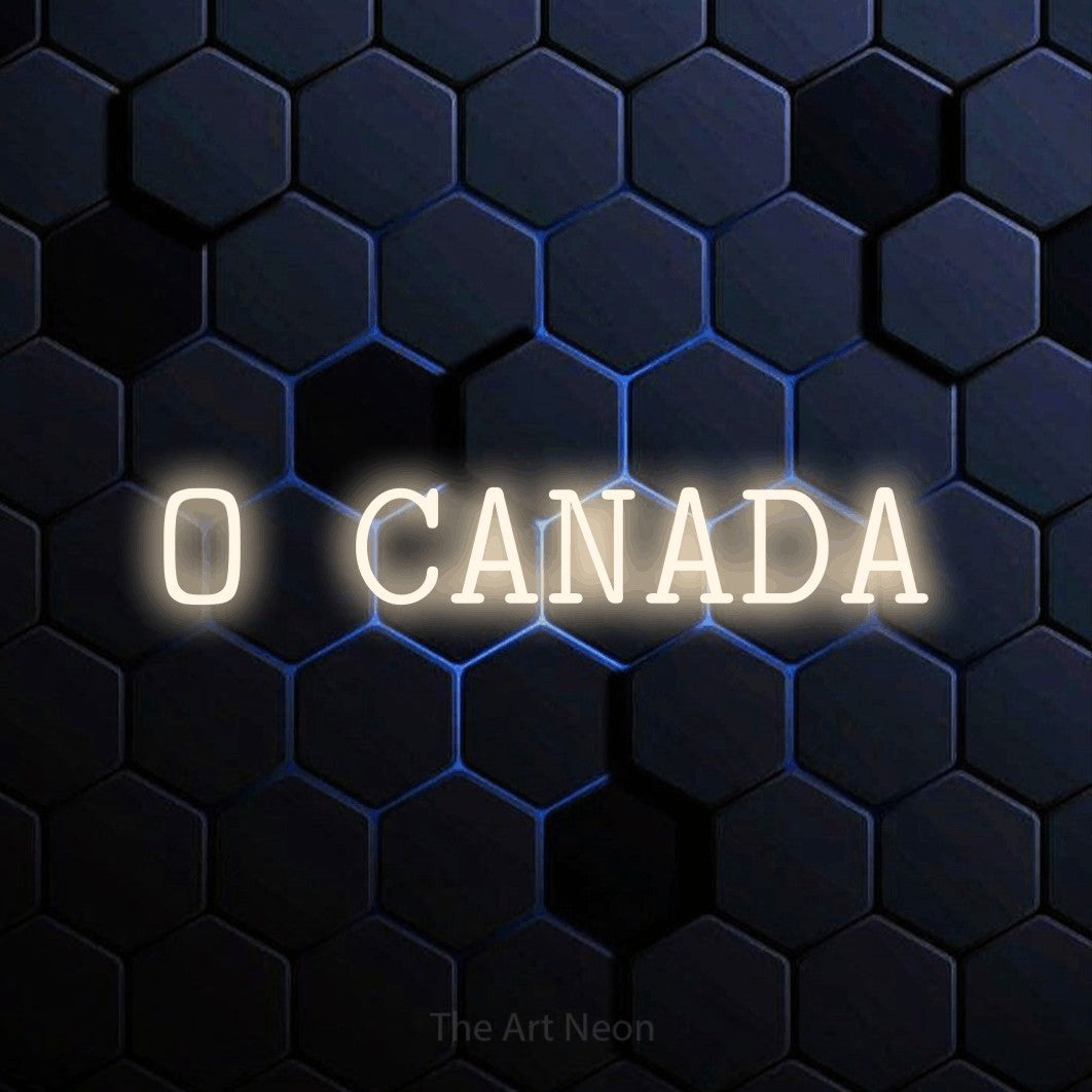 Enseigne néon à DEL à lumière blanche chaude, affichant « O Canada » sur un mur hexagonal bleu