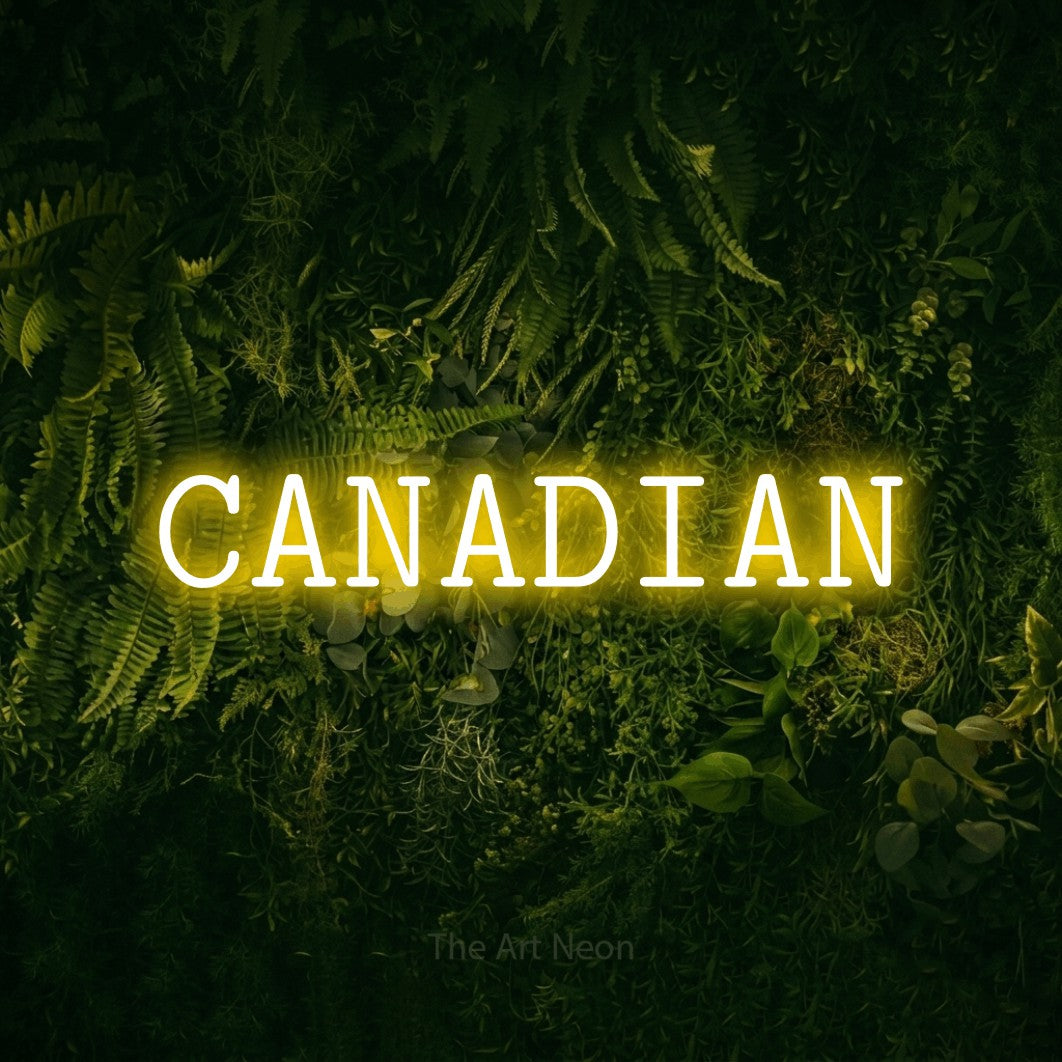 Yellow LED neon sign reading "Canadian" against a moss-covered green wall