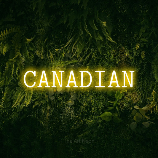 Yellow LED neon sign reading "Canadian" against a moss-covered green wall